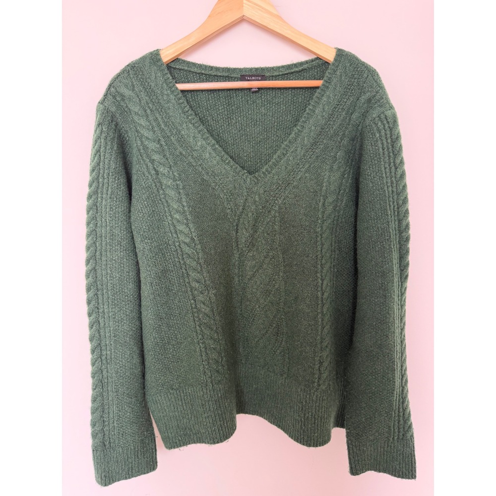 Talbots Sweater Women XL Cable Knit V-Neck Forest Green Excellent